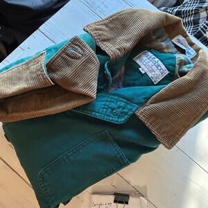 Saddlebrook Mens Vintage Chore Coat Green Canvas Plaid Flannel Lined Corduroy M